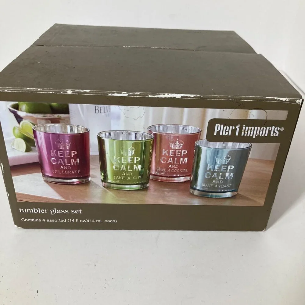 Set 4 Drinking Glass Pier 1 Imports Tumblers Iridescent Keep Calm 8 x 8 x 5